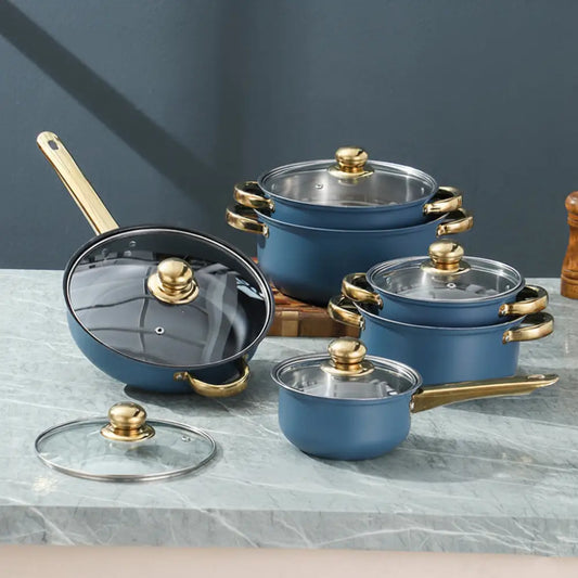 12 Piece Stainless Steel Glass Lid Non Stick Cookware Set - 12 pcs - Blue Silver - Cookware set