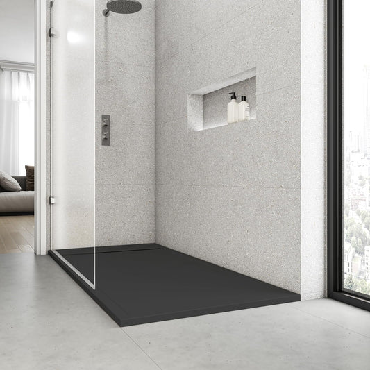 Saona Black Shower Tray with Hidden Drain Slate Texture - 70x70 cm - Platos de ducha