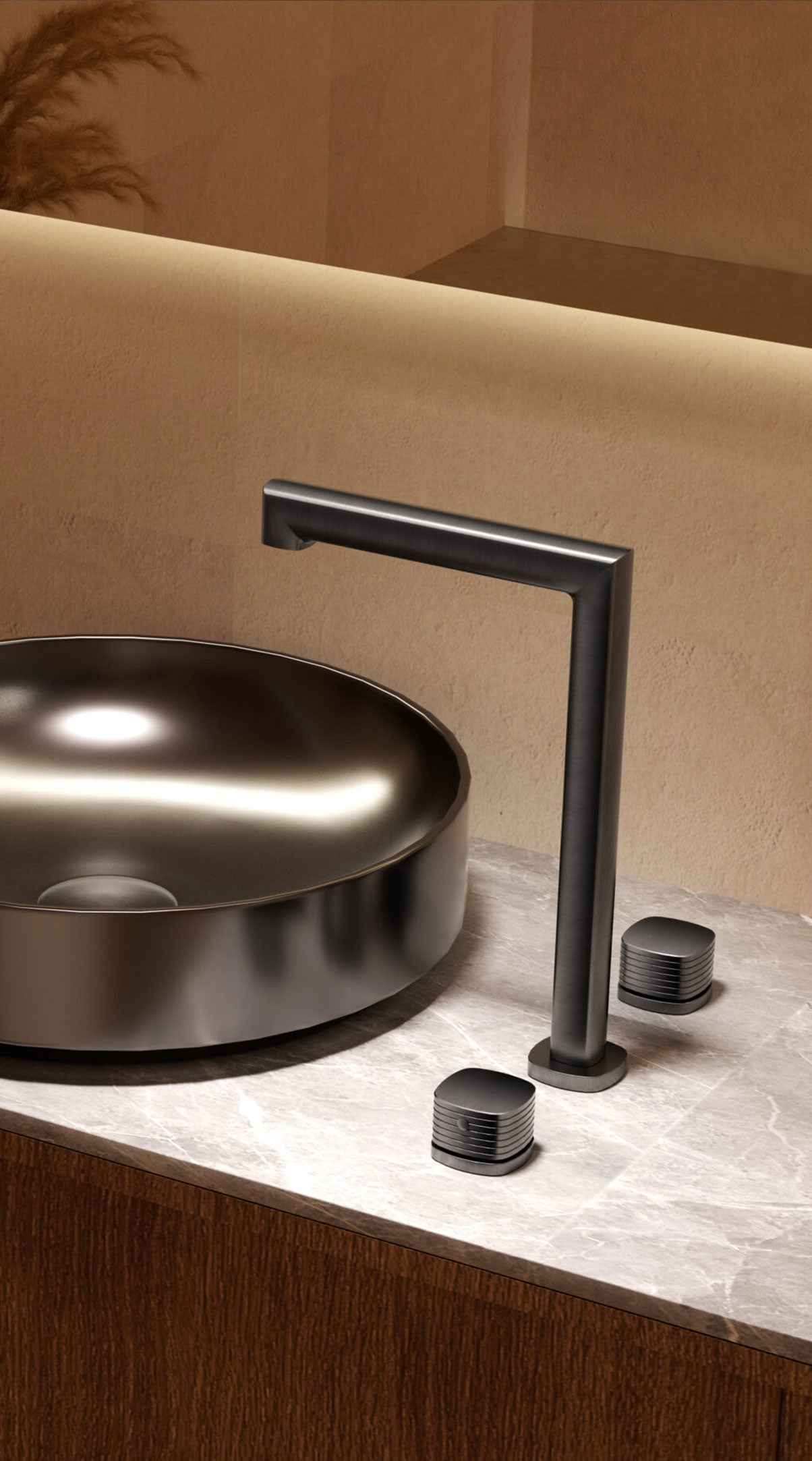 Firenze Chrome Tall Spout Countertop Two Handle Basin Mixer, in a bathroom setting