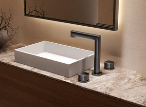 Firenze Chrome Low Spout Countertop Two Handle Basin Mixer, in a bathroom setting