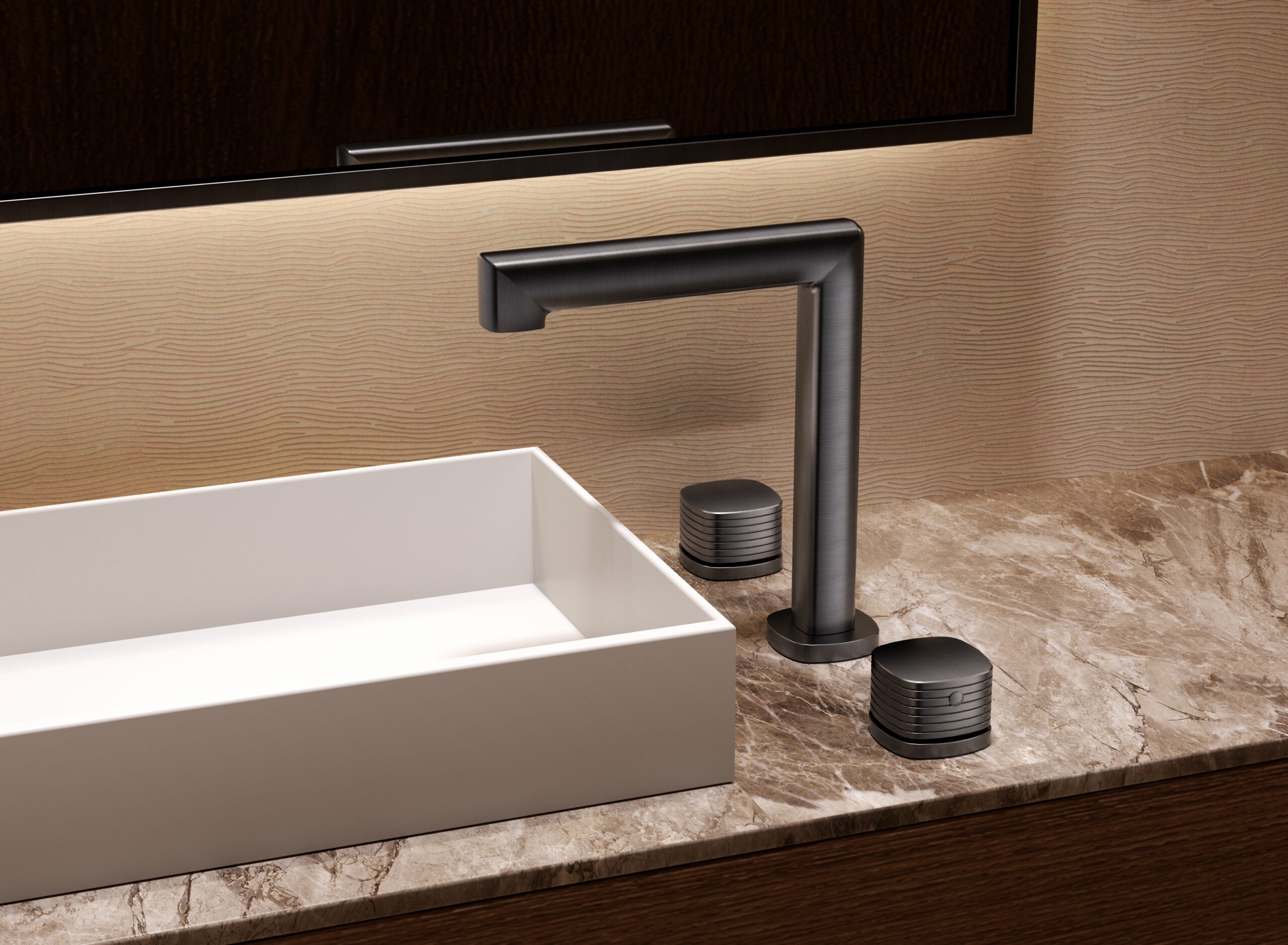 Firenze Chrome Low Spout Countertop Two Handle Basin Mixer, detail view