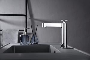 Chrome Single Lever Sink Mixer Modern Bathroom Faucet, in a bathroom setting