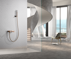 Brushed Rose Gold Single Handle Shower Kit, in a bathroom setting
