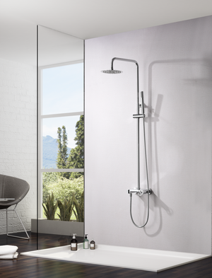 Chrome Single Handle Shower Set Modern Minimalist Design, in a bathroom setting