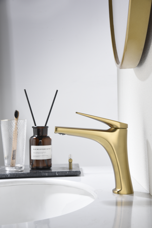 Brushed Gold Basin Mixer Faucet Modern Single Handle, in a bathroom setting