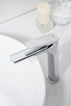Delos Tall Chrome Sink Faucet Single Lever, in a bathroom setting