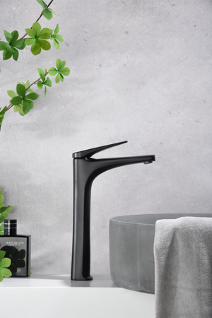 Delos Matte Black Tall Sink Mixer Faucet, in a bathroom setting