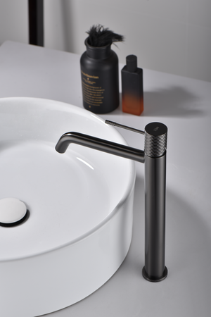 Tall Black Gun Metal Basin Mixer Faucet Single Handle, in a bathroom setting