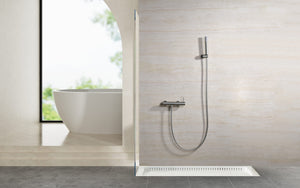 Monza Brushed Nickel Shower Kit Single Handle Mixer, in a bathroom setting