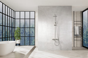 Brushed Nickel Single Handle Shower Set Modern Design, in a bathroom setting