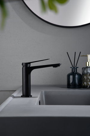Matte Black Single Lever Sink Faucet Modern Design, in a bathroom setting