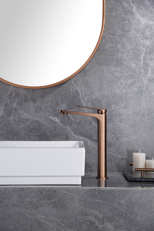 Naples Tall Sink Mixer Brushed Rose Gold Single Lever, in a bathroom setting