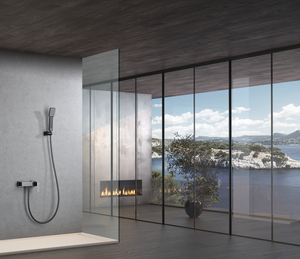 Black Gun Metal Single Handle Shower Kit Modern Design, in a bathroom setting