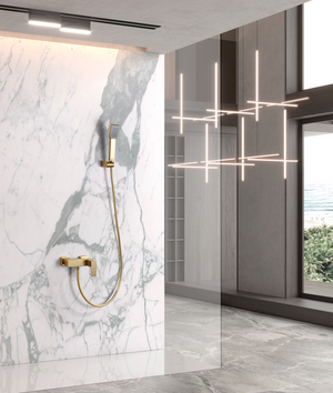 Brushed Gold Single Handle Shower Kit Pisa Series, in a bathroom setting