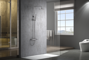 Chrome Single Lever Shower Set Modern Design, in a bathroom setting