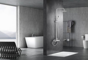 Milos Matte White Single Handle Shower Set, in a bathroom setting