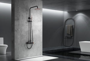 Matte Black Rose Gold Single Handle Shower Set, in a bathroom setting