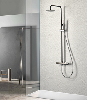 Gun Metal Thermostatic Shower Set Modern Black Design, in a bathroom setting