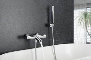 Chrome Thermostatic Shower Bath Kit with Valve, in a bathroom setting