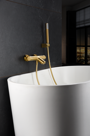 Genova Brushed Gold Thermostatic Shower Kit, in a bathroom setting