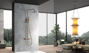 Genova Brushed Gold Thermostatic Shower Set, in a bathroom setting