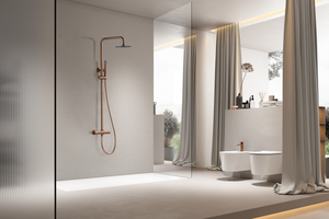 Genova Brushed Rose Gold Thermostatic Shower Set, in a bathroom setting