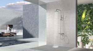 Brushed Nickel Thermostatic Shower Set Monza, in a bathroom setting