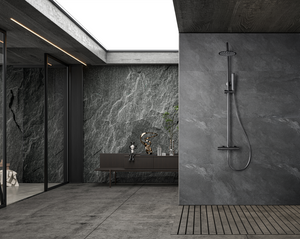 Black Gun Metal Thermostatic Shower Set, in a bathroom setting