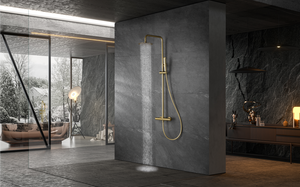 Napoles Brushed Gold Thermostatic Shower Set, in a bathroom setting