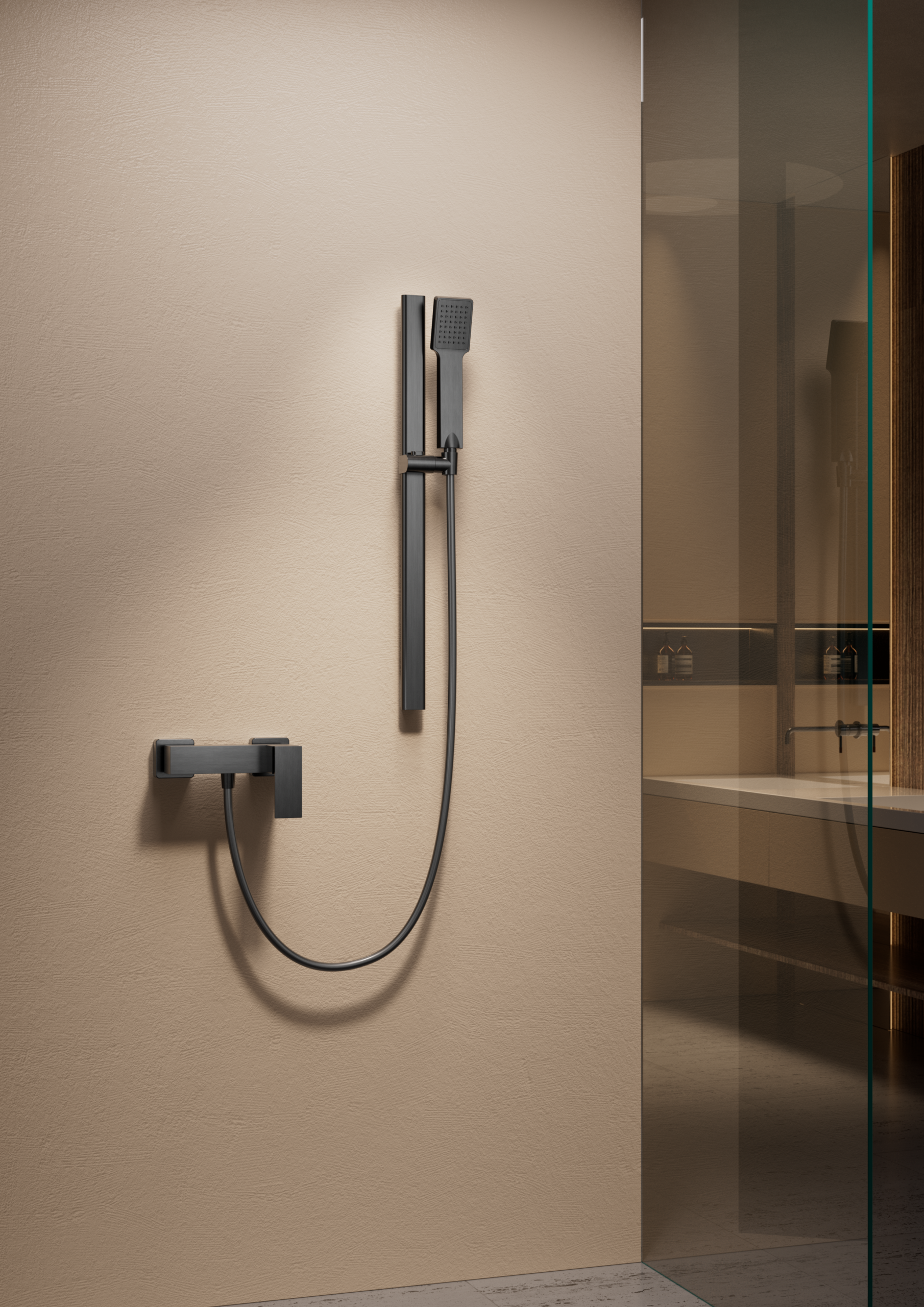 Drava Brushed Rose Gold Sliding Shower Rail with Hand Shower Holder, view 2