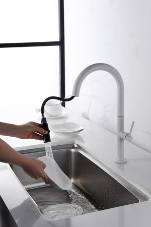 Matte White Kitchen Faucet Modern Minimalist Design, in a bathroom setting