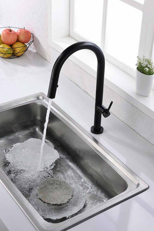 Samoa Matte Black Kitchen Faucet Modern Design, in a bathroom setting