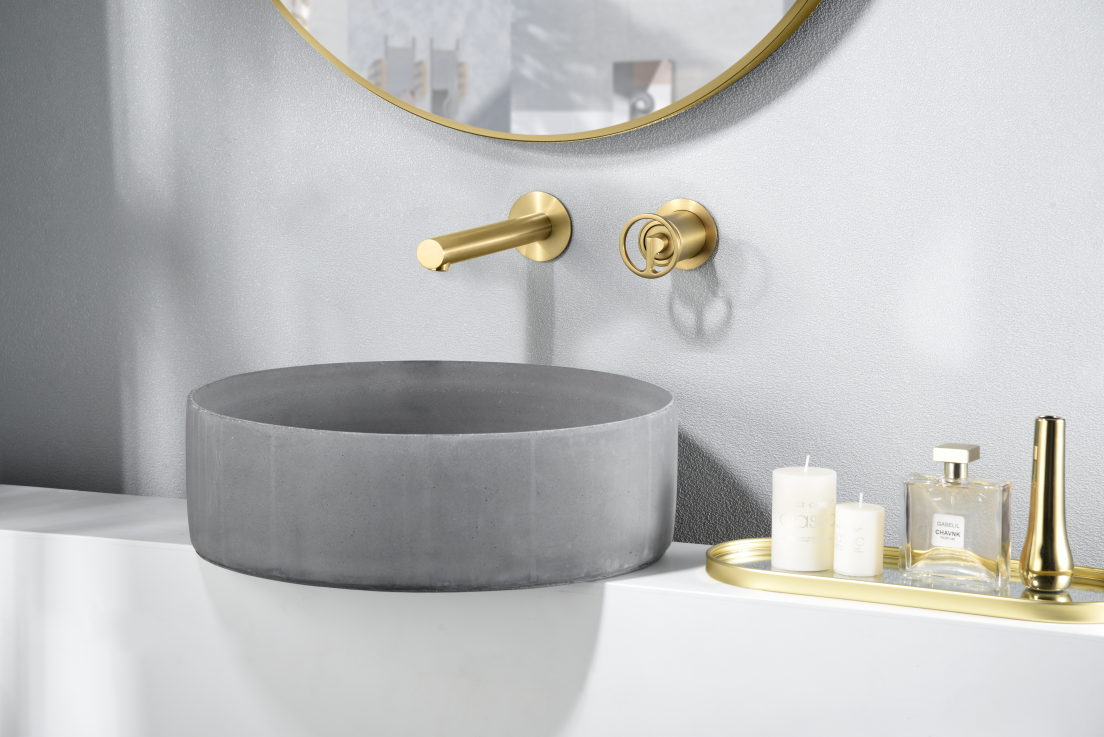 Brushed Gold Built-In Basin Mixer Faucet, in a bathroom setting