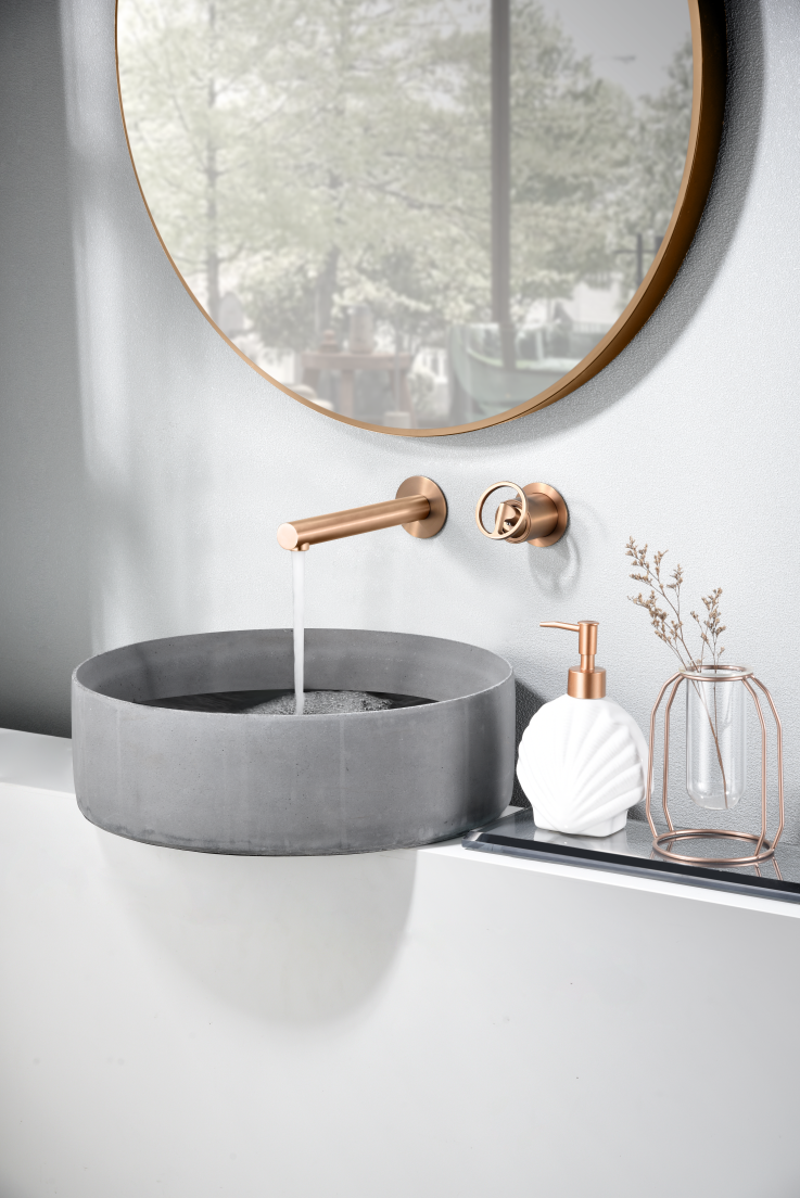 Brushed Rose Gold Single Handle Basin Faucet Built-In, in a bathroom setting