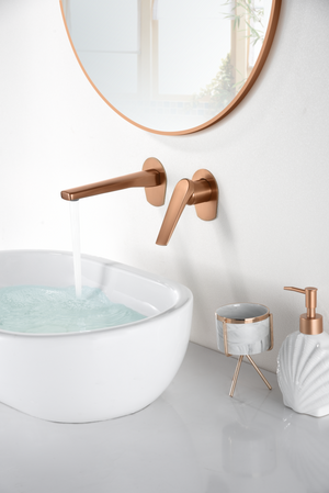 Brushed Rose Gold Single Lever Sink Mixer Faucet, in a bathroom setting