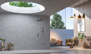 Pisa Black Gun Metal Single Handle Built-In Shower Set, in a bathroom setting