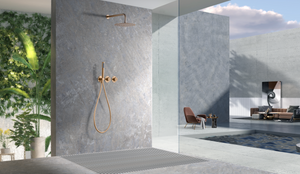 Brushed Rose Gold Thermostatic Shower Set Built-In, in a bathroom setting