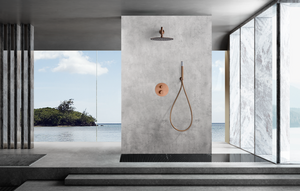 Genova Brushed Rose Gold Thermostatic Shower Set, in a bathroom setting