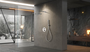 Brushed Nickel Thermostatic Shower Set Built-in, in a bathroom setting