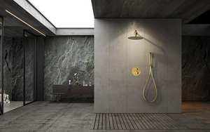 Naples Brushed Gold Built-in Thermostatic Shower Set, in a bathroom setting