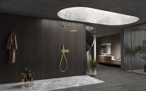 Brushed Gold Thermostatic Shower Set Built-In, in a bathroom setting