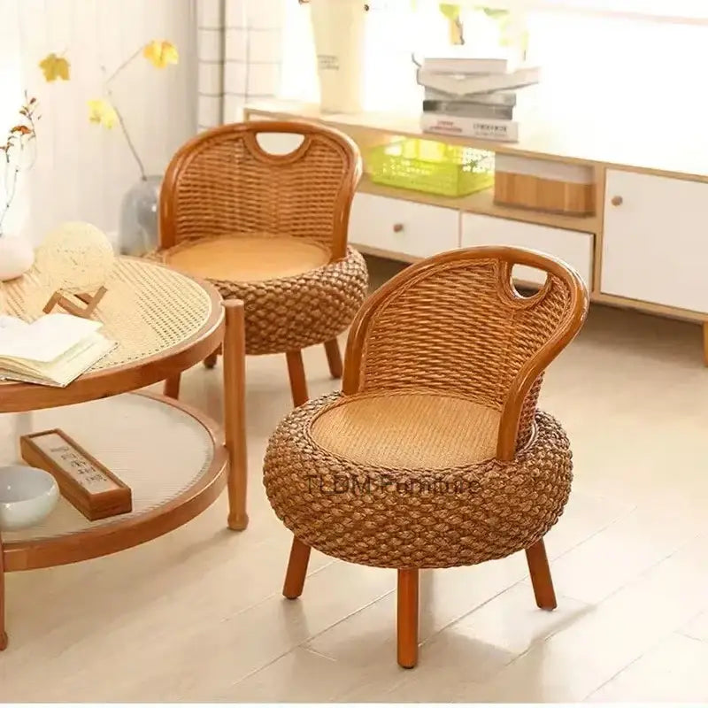Bamboo rattan outdoor patio set showing woven material texture and natural finish detail on chair frame