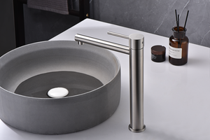 Tall Moscow Basin Mixer Stainless Steel S316, in a bathroom setting