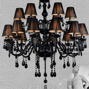 Black crystal tears chandelier with multiple adjustable arms and lampshades