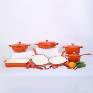 Cast Iron Non stick Pan Pot Casserole - 7-Piece Set / Orange - Cookware set