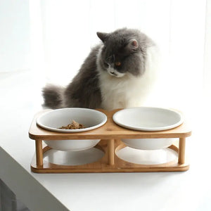 Elevated Ceramic Pet Feeding Bowl with Wooden Stand - view 2