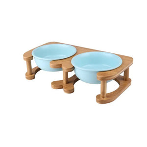Elevated Ceramic Pet Feeding Bowl with Wooden Stand - view 4