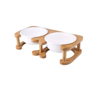 Elevated Ceramic Pet Feeding Bowl with Wooden Stand - view 3