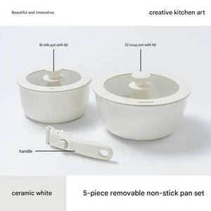 Ceramic Removable Non Stick Cookware Handle Frying Pot Set - 5 pieces - 18 milk pot with lid + 22 soup pot with lid