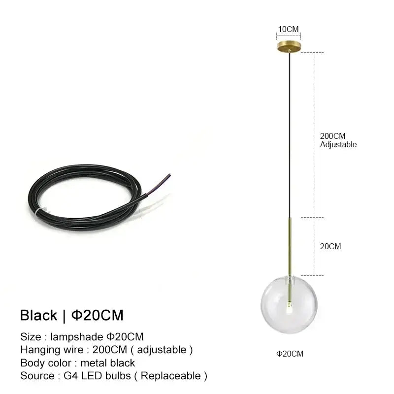 Clear Glass Ball Bedside Pendant Hanging Lamp - Black Wire - 20 cm / Hanging Wire - 200 cm / Warm White - Pendant Lamp